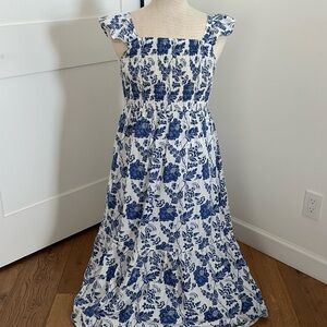 Blue and white floral smocked ruffle midi dress